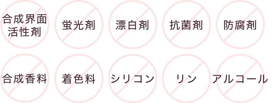 「合成界面活性剤・蛍光剤・漂白剤・抗菌剤・防腐剤・合成香料・着色料・シリコン・リン・アルコール」無添加